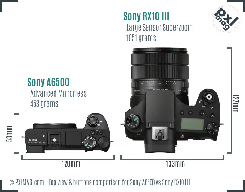 Sony A6500 vs Sony RX10 III top view buttons comparison