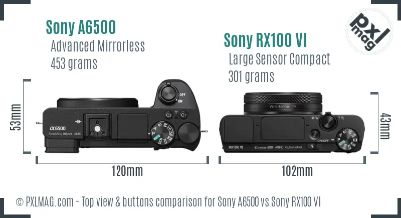 Sony A6500 vs Sony RX100 VI top view buttons comparison