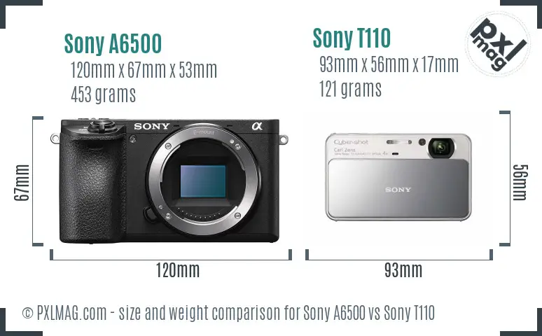 Sony A6500 vs Sony T110 size comparison