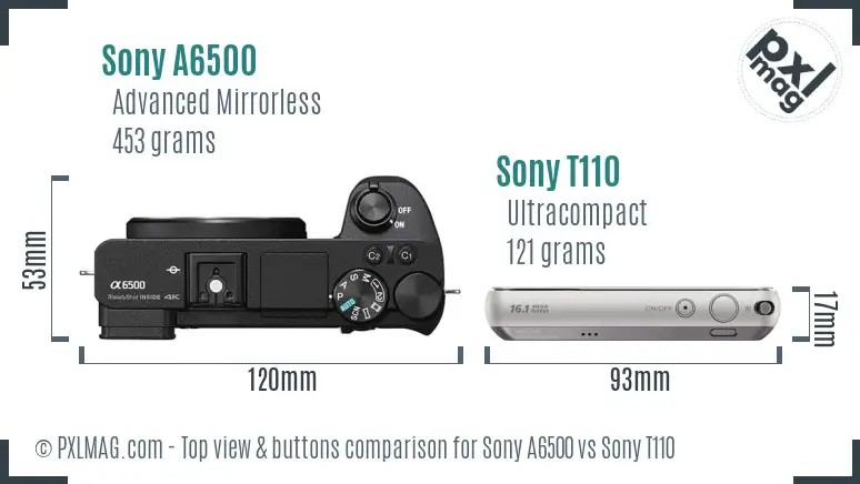 Sony A6500 vs Sony T110 top view buttons comparison