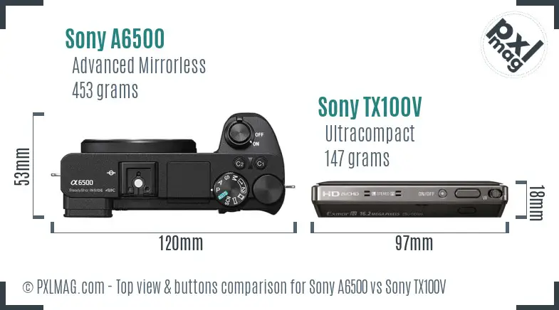 Sony A6500 vs Sony TX100V top view buttons comparison