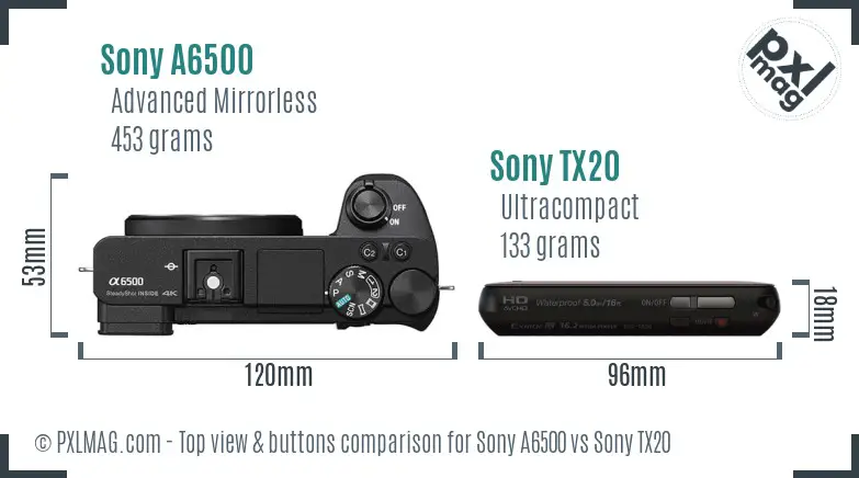 Sony A6500 vs Sony TX20 top view buttons comparison