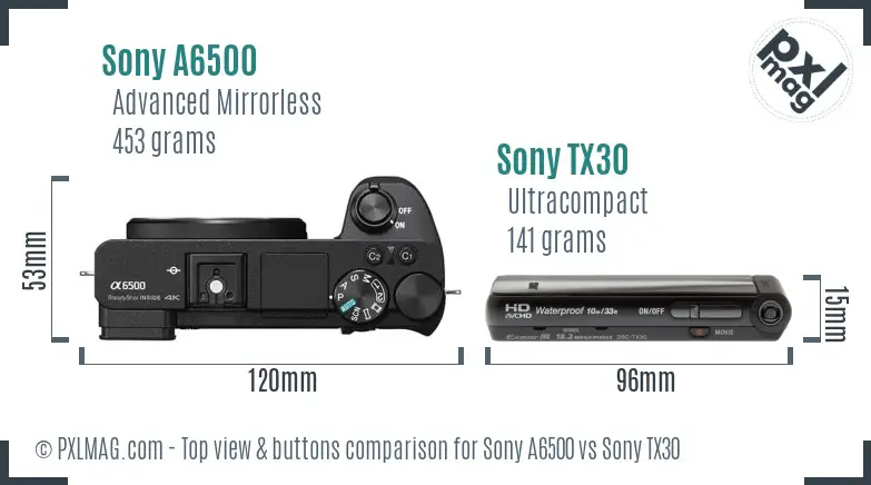 Sony A6500 vs Sony TX30 top view buttons comparison