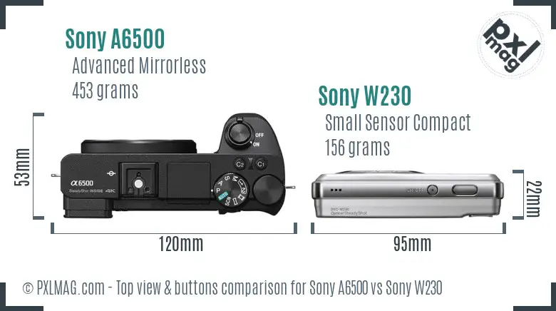 Sony A6500 vs Sony W230 top view buttons comparison