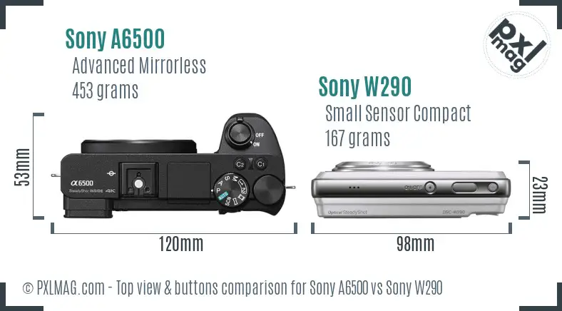 Sony A6500 vs Sony W290 top view buttons comparison