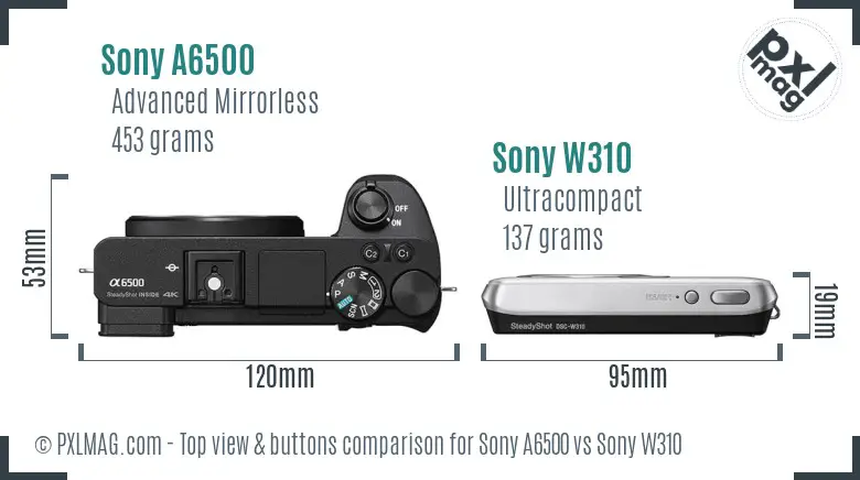 Sony A6500 vs Sony W310 top view buttons comparison