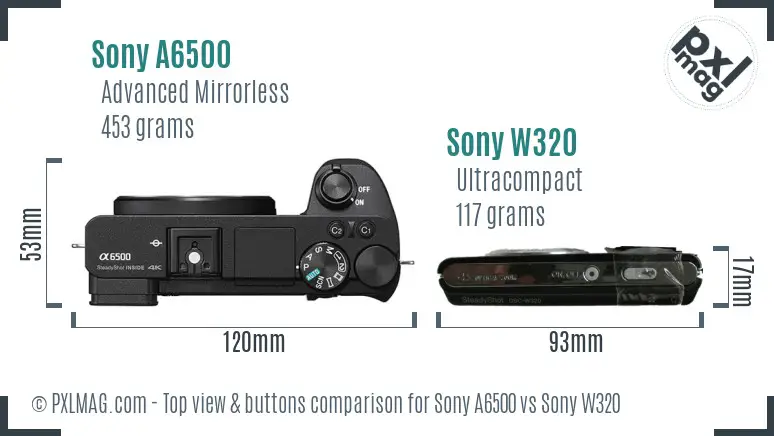 Sony A6500 vs Sony W320 top view buttons comparison