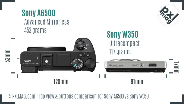 Sony A6500 vs Sony W350 top view buttons comparison