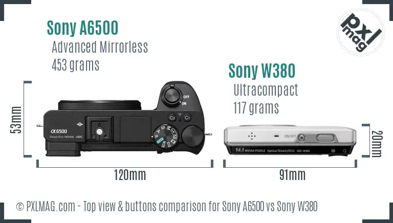 Sony A6500 vs Sony W380 top view buttons comparison