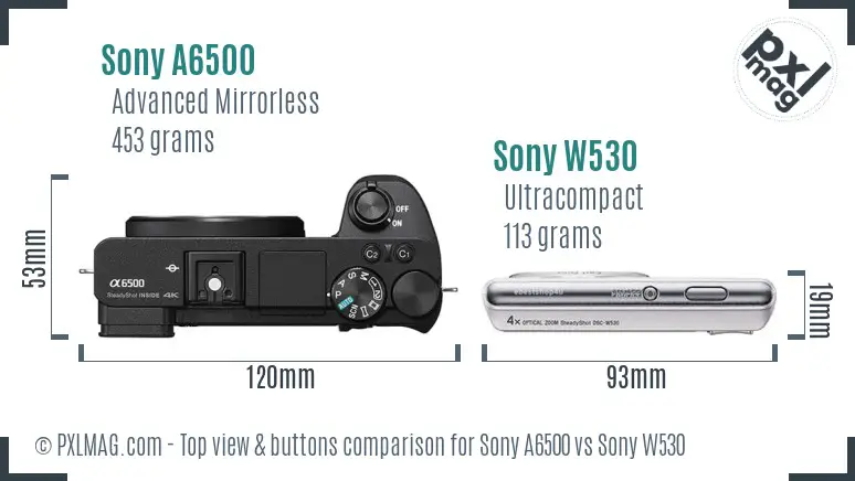 Sony A6500 vs Sony W530 top view buttons comparison