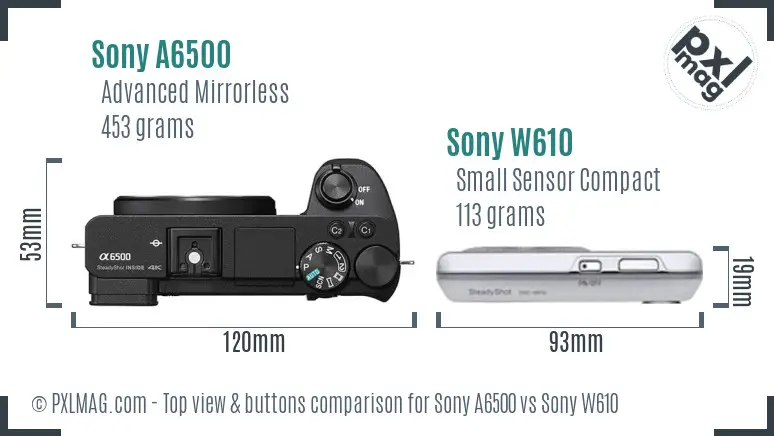 Sony A6500 vs Sony W610 top view buttons comparison