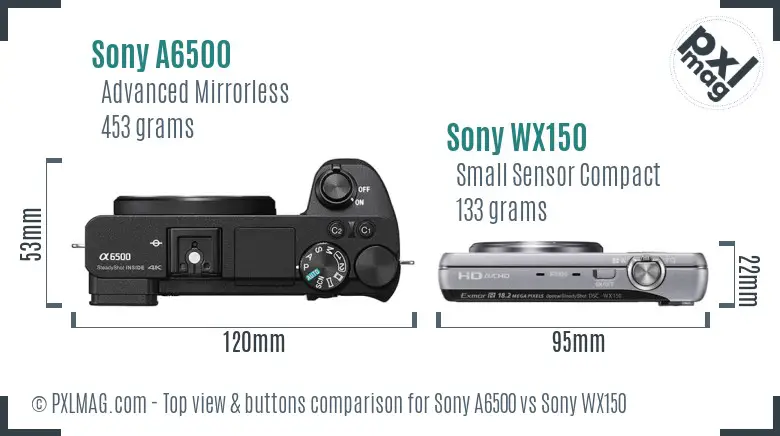 Sony A6500 vs Sony WX150 top view buttons comparison