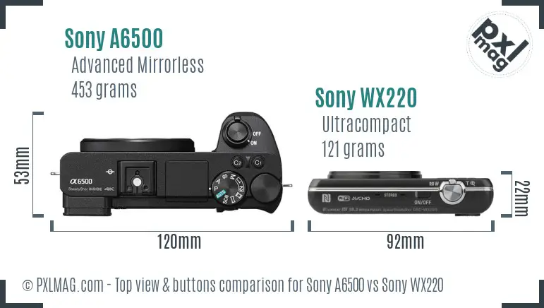 Sony A6500 vs Sony WX220 top view buttons comparison