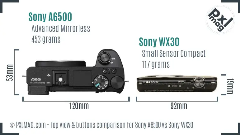Sony A6500 vs Sony WX30 top view buttons comparison