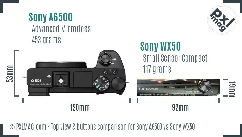 Sony A6500 vs Sony WX50 top view buttons comparison