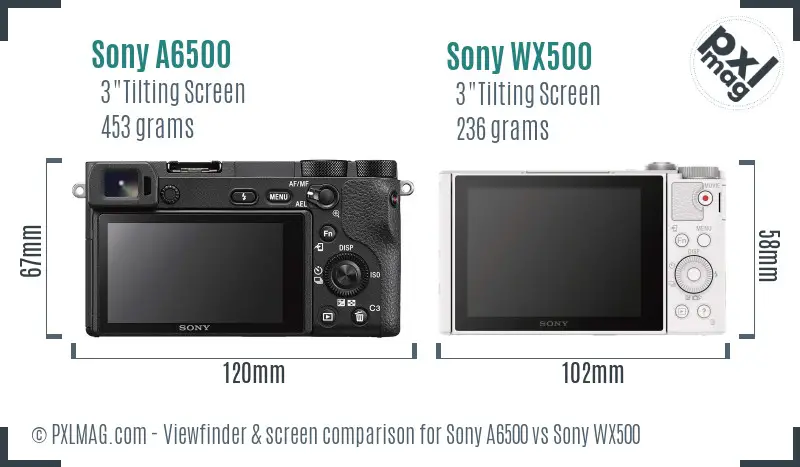 Sony A6500 vs Sony WX500 Screen and Viewfinder comparison