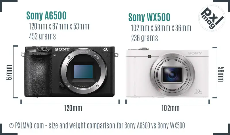 Sony A6500 vs Sony WX500 size comparison