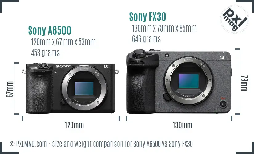Sony A6500 vs Sony FX30 size comparison