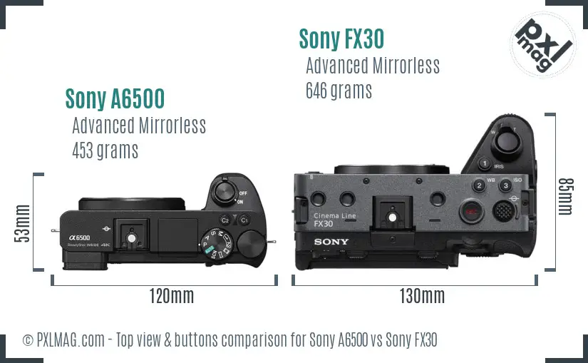 Sony A6500 vs Sony FX30 top view buttons comparison