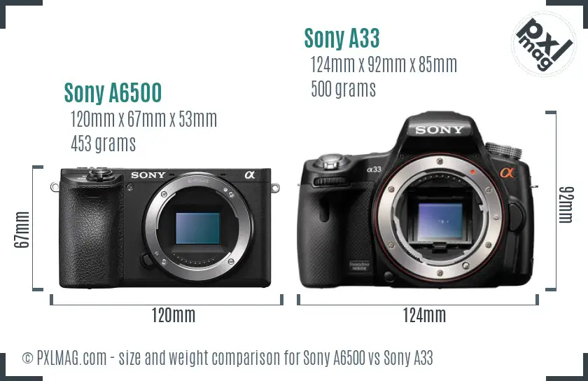 Sony A6500 vs Sony A33 size comparison