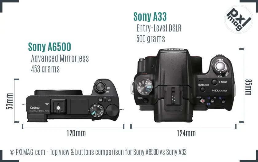 Sony A6500 vs Sony A33 top view buttons comparison