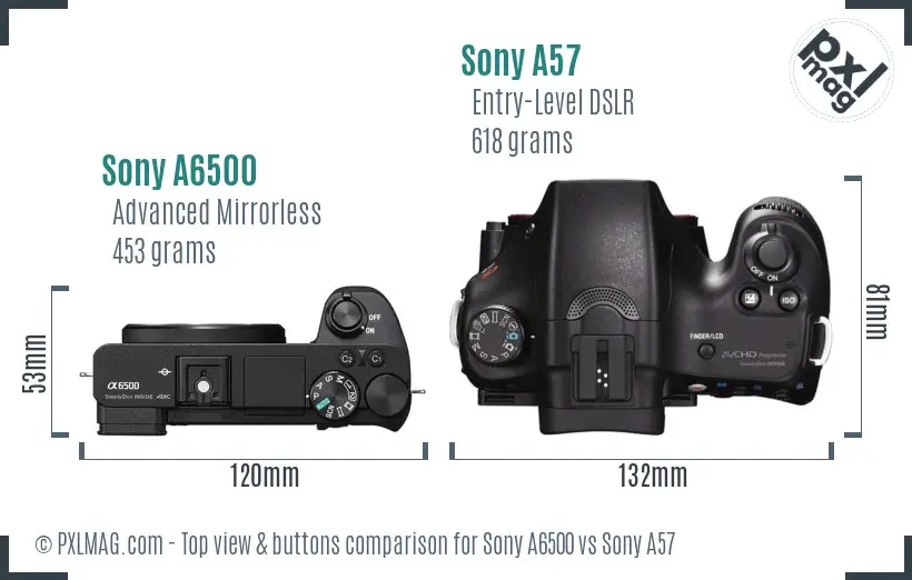Sony A6500 vs Sony A57 top view buttons comparison