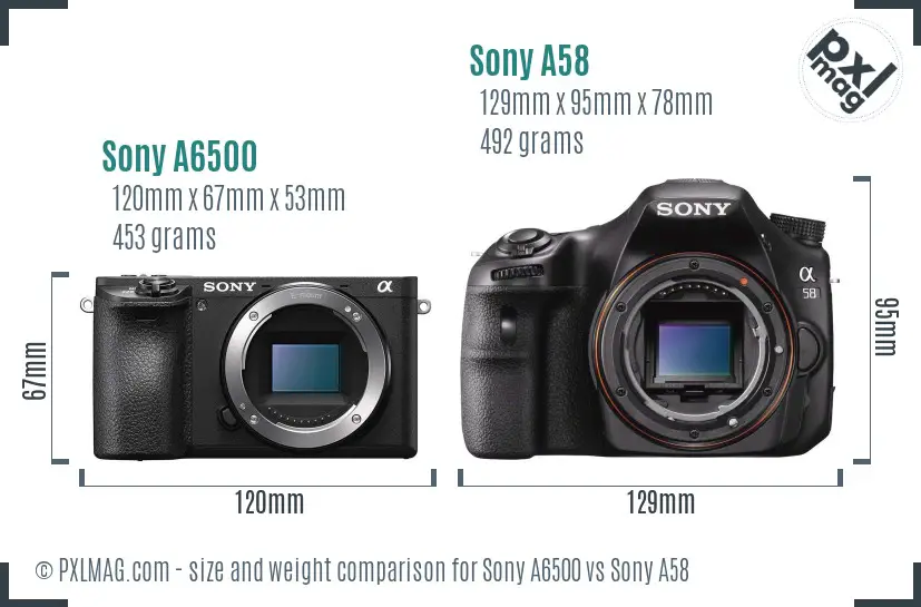 Sony A6500 vs Sony A58 size comparison