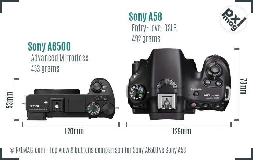 Sony A6500 vs Sony A58 top view buttons comparison