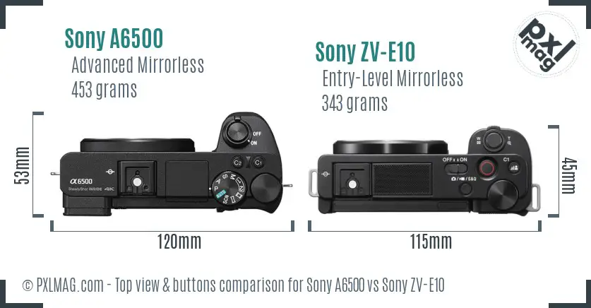 Sony A6500 vs Sony ZV-E10 top view buttons comparison