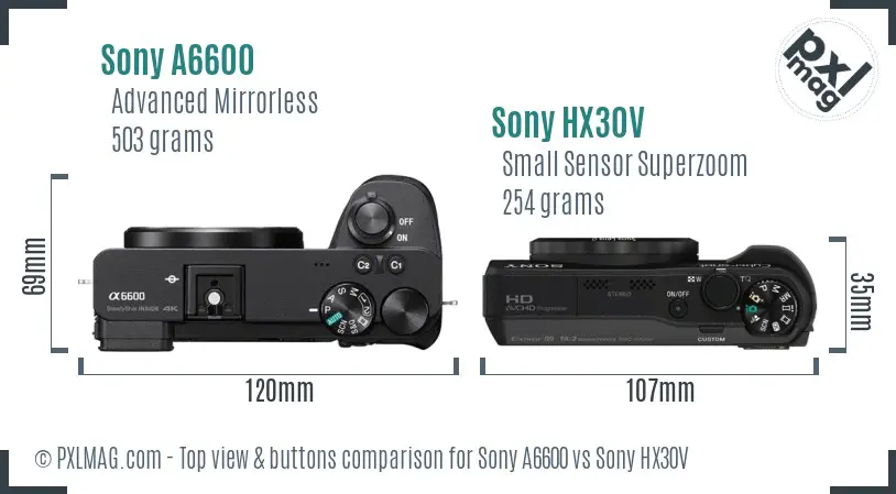 Sony A6600 vs Sony HX30V top view buttons comparison