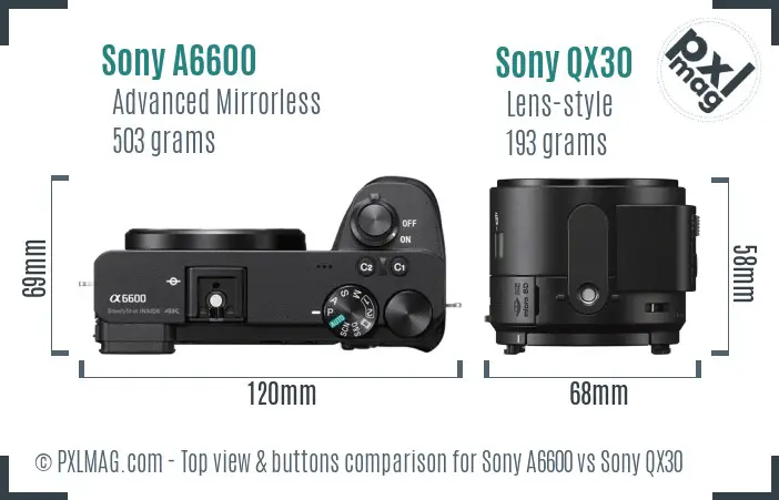 Sony A6600 vs Sony QX30 top view buttons comparison