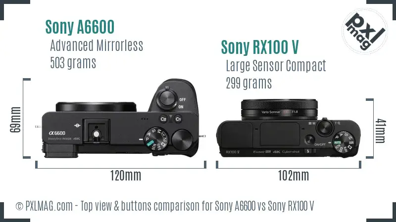 Sony A6600 vs Sony RX100 V top view buttons comparison
