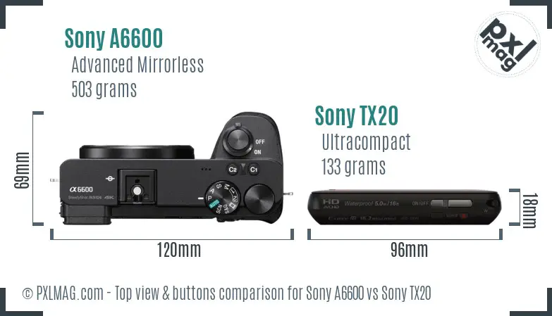 Sony A6600 vs Sony TX20 top view buttons comparison