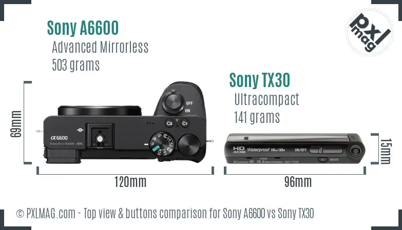 Sony A6600 vs Sony TX30 top view buttons comparison