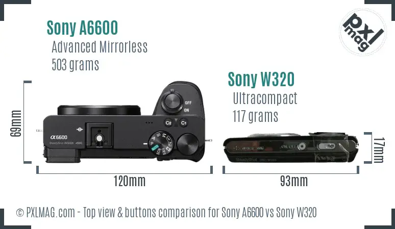 Sony A6600 vs Sony W320 top view buttons comparison