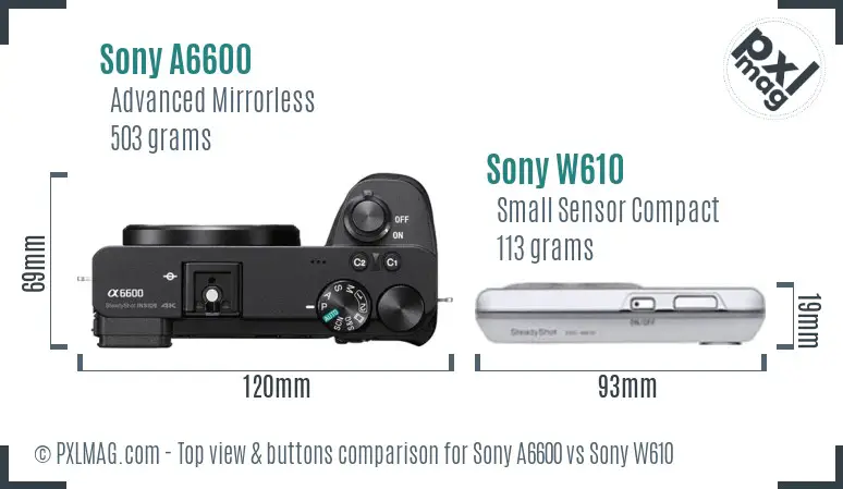 Sony A6600 vs Sony W610 top view buttons comparison