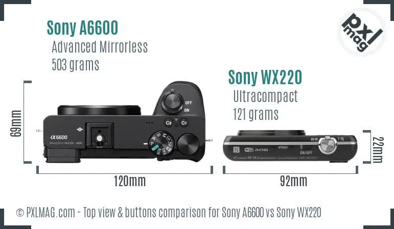 Sony A6600 vs Sony WX220 top view buttons comparison