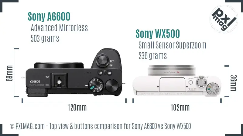 Sony A6600 vs Sony WX500 top view buttons comparison
