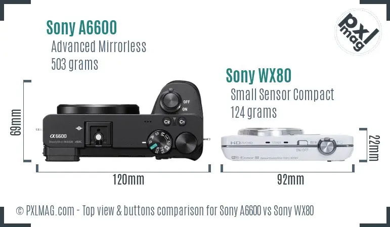 Sony A6600 vs Sony WX80 top view buttons comparison
