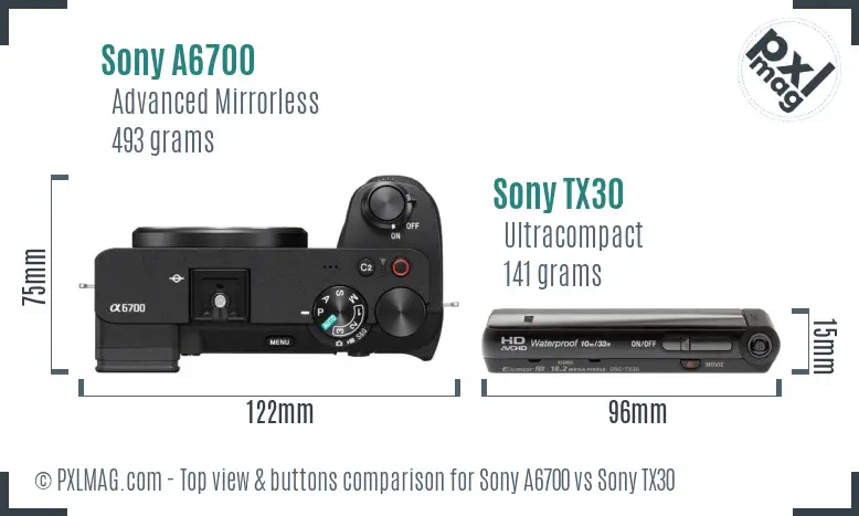 Sony A6700 vs Sony TX30 top view buttons comparison Sony A6700 vs Sony TX30 top view buttons comparison