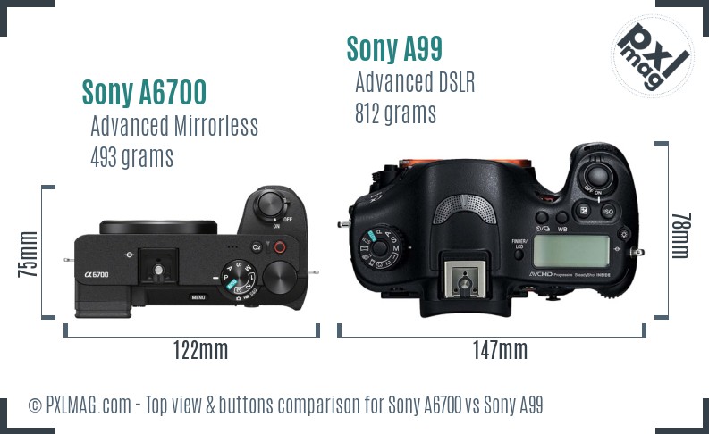 Sony A6700 vs Sony A99 top view buttons comparison