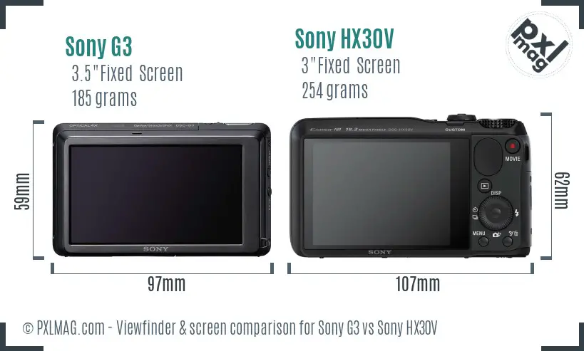 Sony G3 vs Sony HX30V Screen and Viewfinder comparison