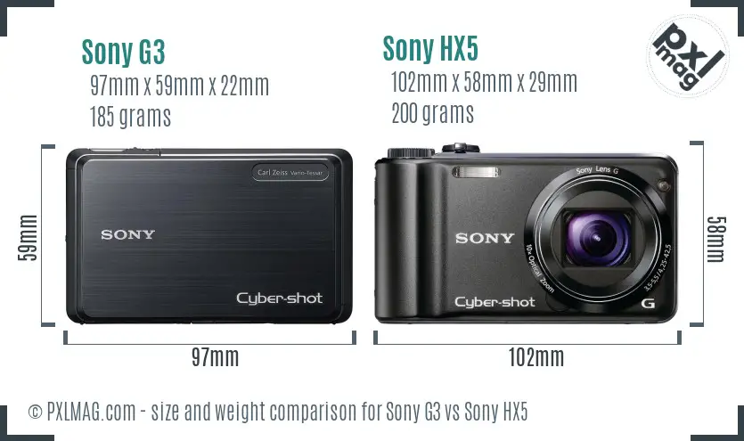 Sony G3 vs Sony HX5 size comparison