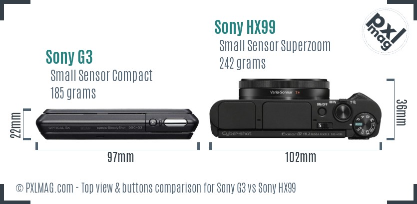 Sony G3 vs Sony HX99 top view buttons comparison