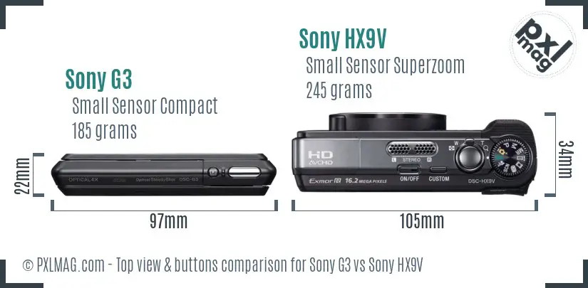 Sony G3 vs Sony HX9V top view buttons comparison