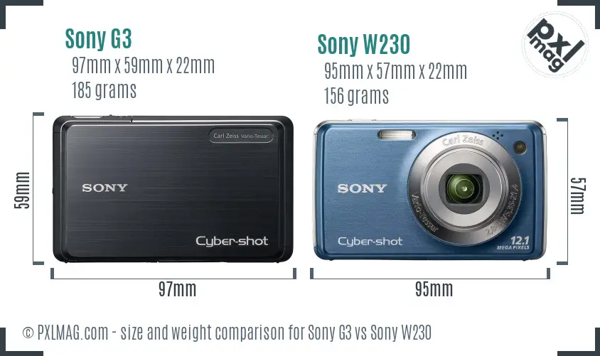 Sony G3 vs Sony W230 size comparison