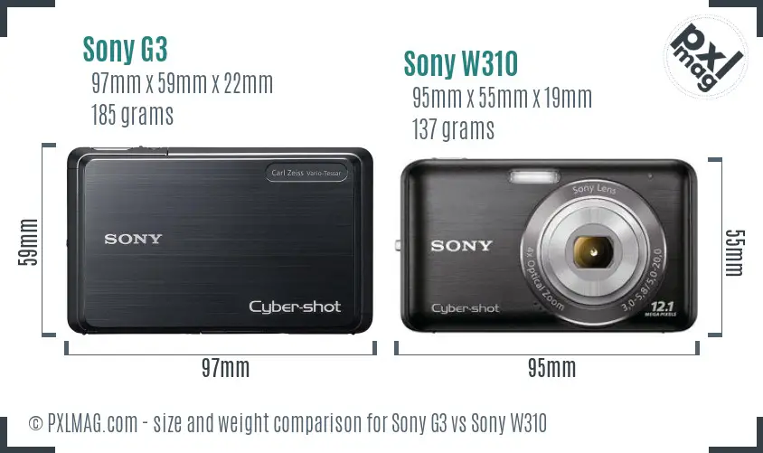 Sony G3 vs Sony W310 size comparison