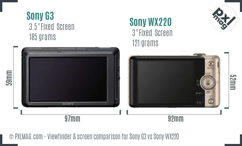 Sony G3 vs Sony WX220 Screen and Viewfinder comparison