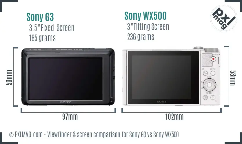 Sony G3 vs Sony WX500 Screen and Viewfinder comparison