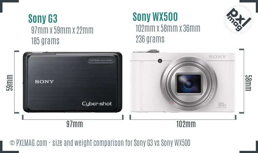 Sony G3 vs Sony WX500 size comparison